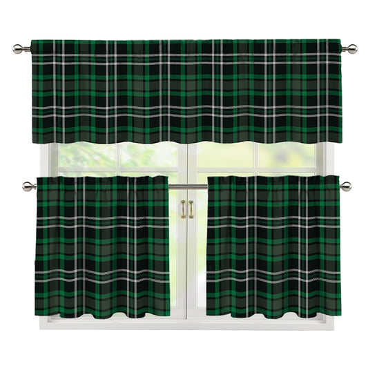 Green Black And White Tartan Print 3 Piece Kitchen Curtains