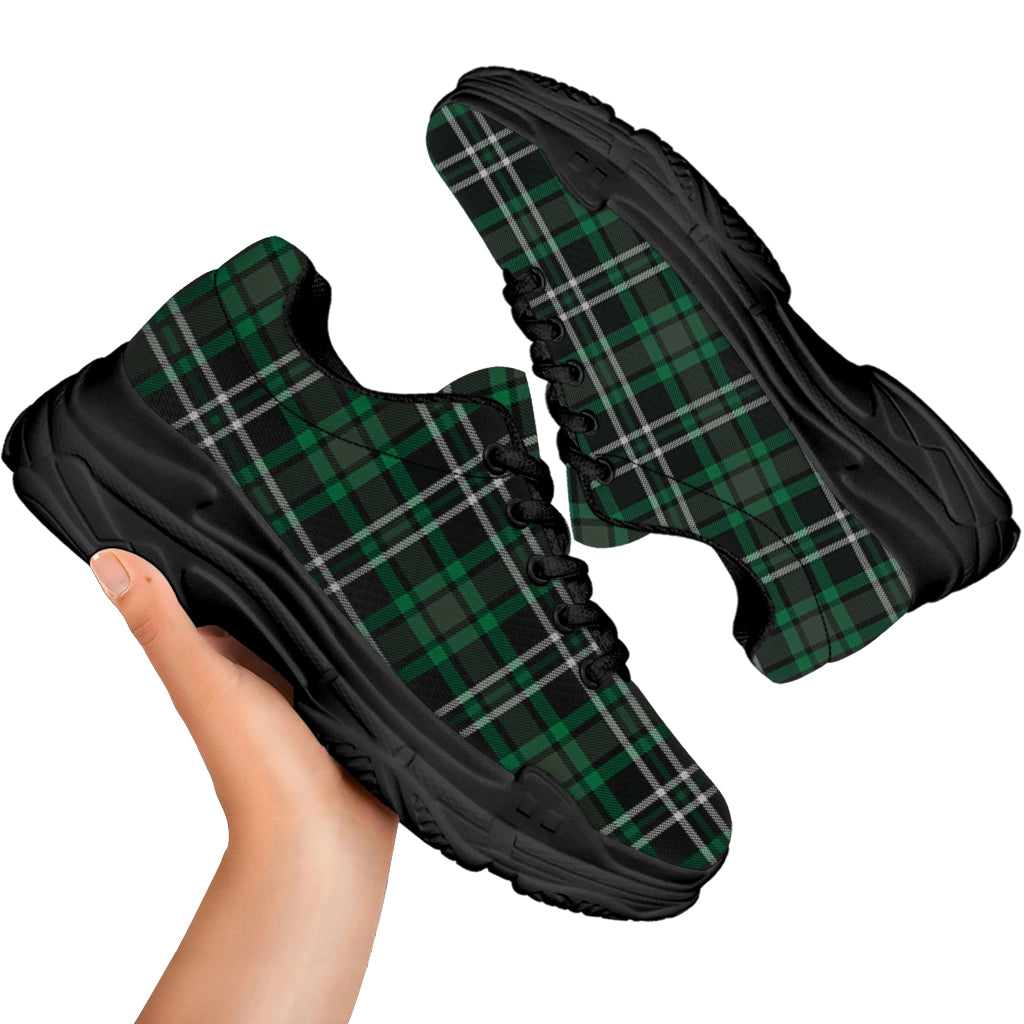 Green Black And White Tartan Print Black Chunky Shoes