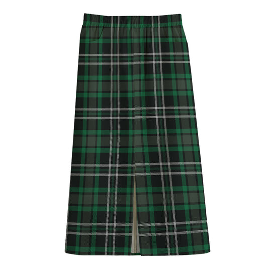 Green Black And White Tartan Print Cotton Front Slit Maxi Skirt