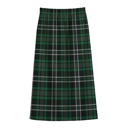 Green Black And White Tartan Print Cotton Front Slit Maxi Skirt
