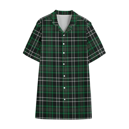 Green Black And White Tartan Print Cotton Hawaiian Shirt