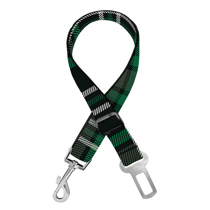 Green Black And White Tartan Print Dog Seat Belt