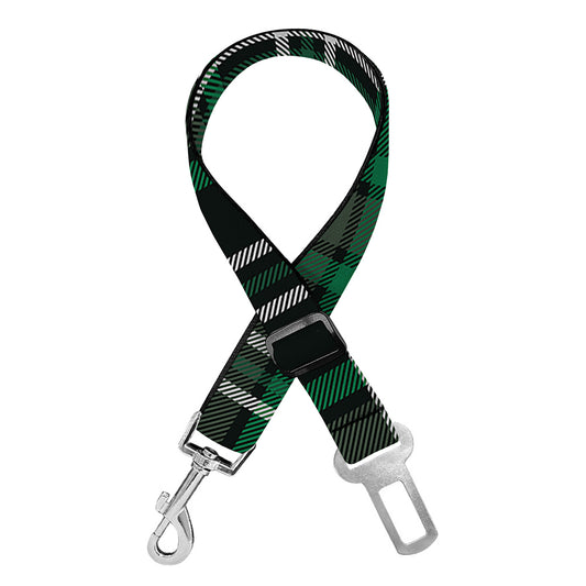 Green Black And White Tartan Print Dog Seat Belt