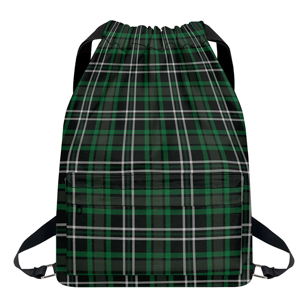 Green Black And White Tartan Print Drawstring Backpack