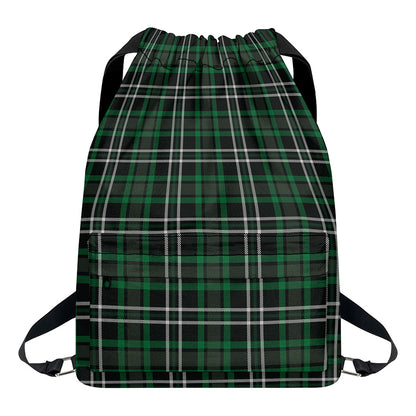 Green Black And White Tartan Print Drawstring Backpack