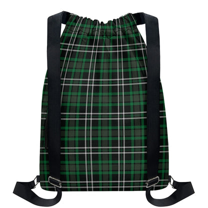 Green Black And White Tartan Print Drawstring Backpack