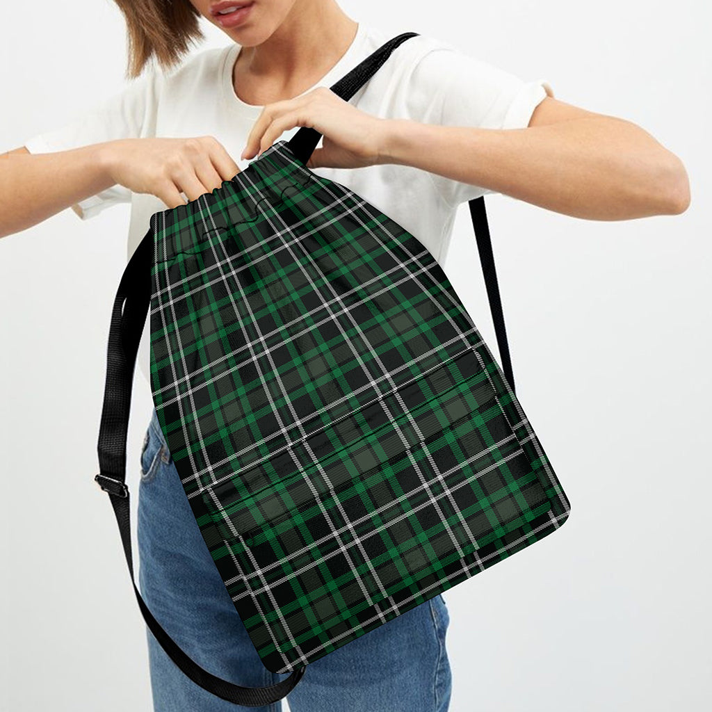 Green Black And White Tartan Print Drawstring Backpack