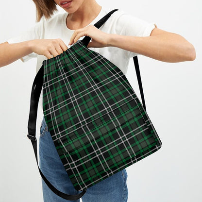 Green Black And White Tartan Print Drawstring Backpack