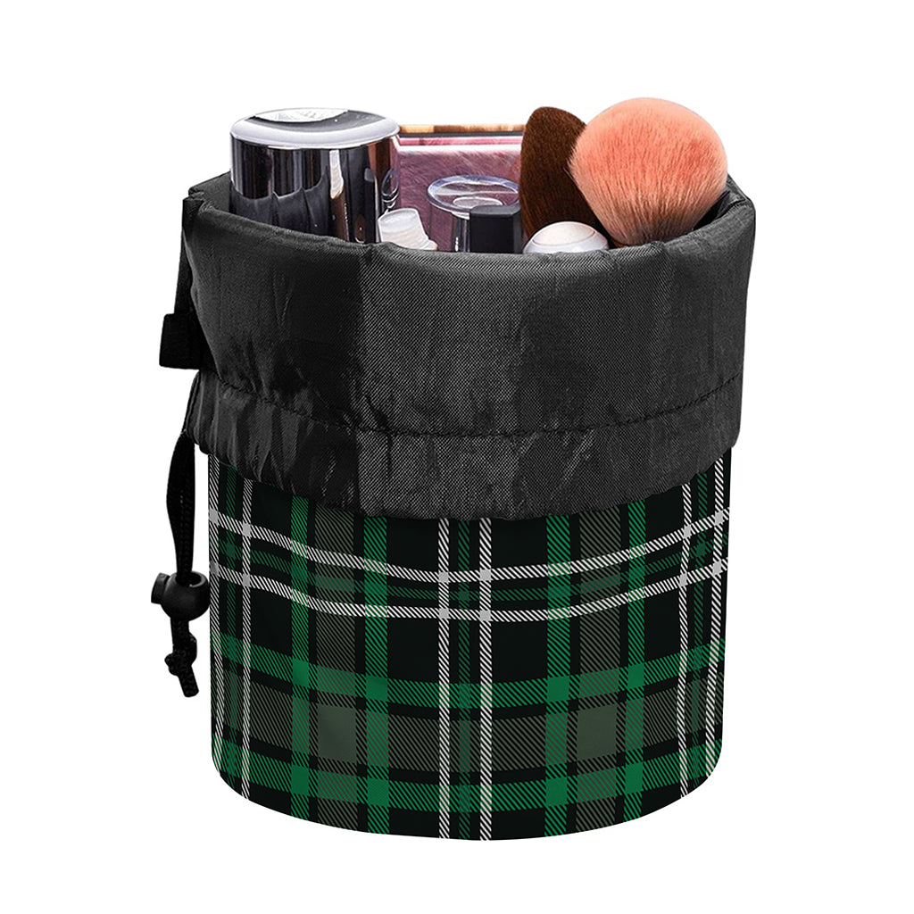 Green Black And White Tartan Print Drawstring Makeup Bag