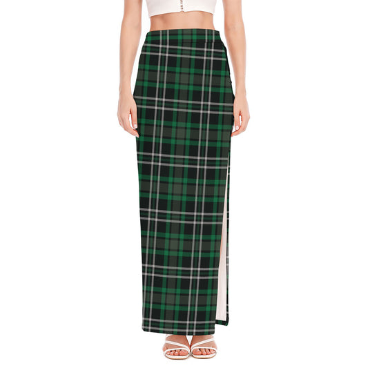 Green Black And White Tartan Print High Slit Maxi Skirt