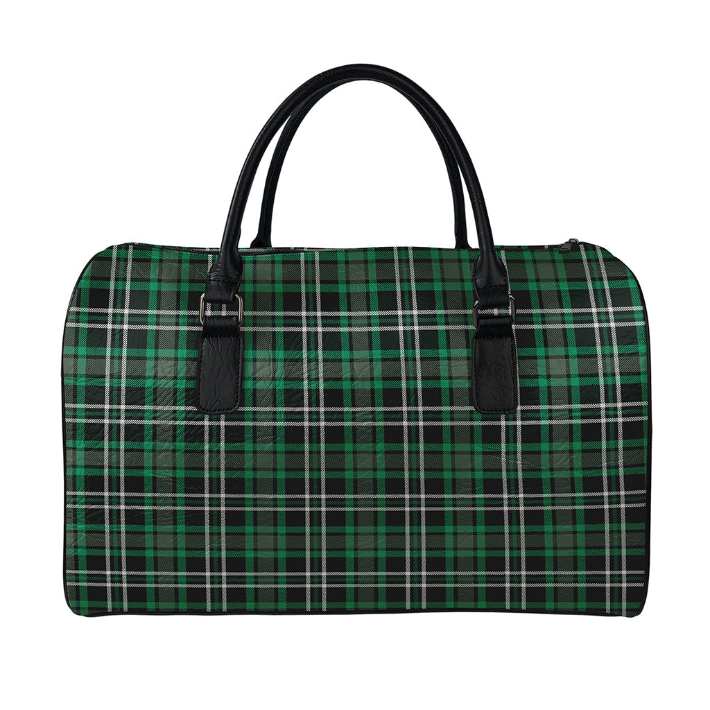 Green Black And White Tartan Print Leather Duffle Bag
