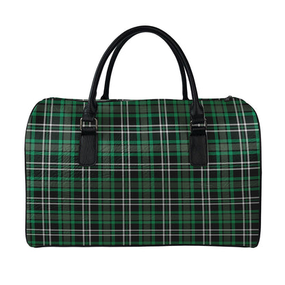 Green Black And White Tartan Print Leather Duffle Bag