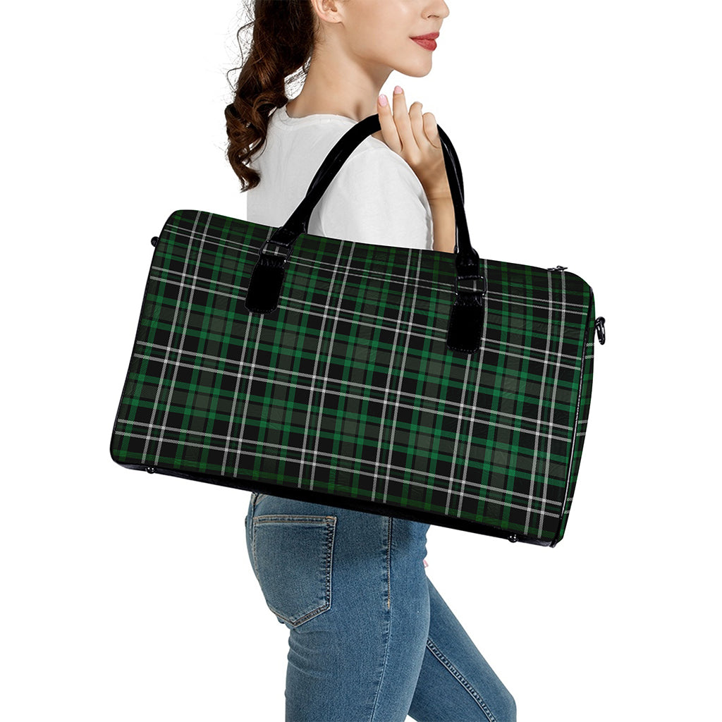 Green Black And White Tartan Print Leather Duffle Bag