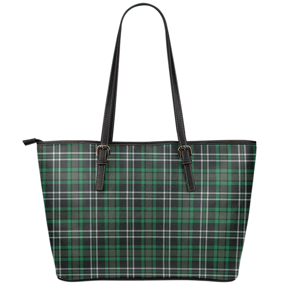 Green Black And White Tartan Print Leather Tote Bag