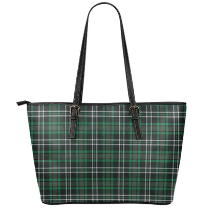 Green Black And White Tartan Print Leather Tote Bag