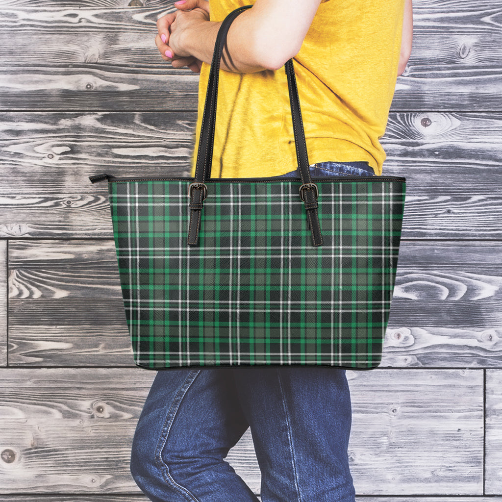 Green Black And White Tartan Print Leather Tote Bag