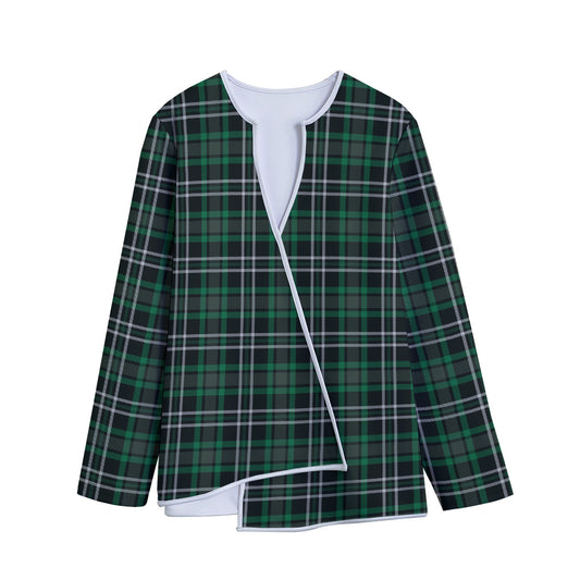 Green Black And White Tartan Print Long Sleeve Short Coat
