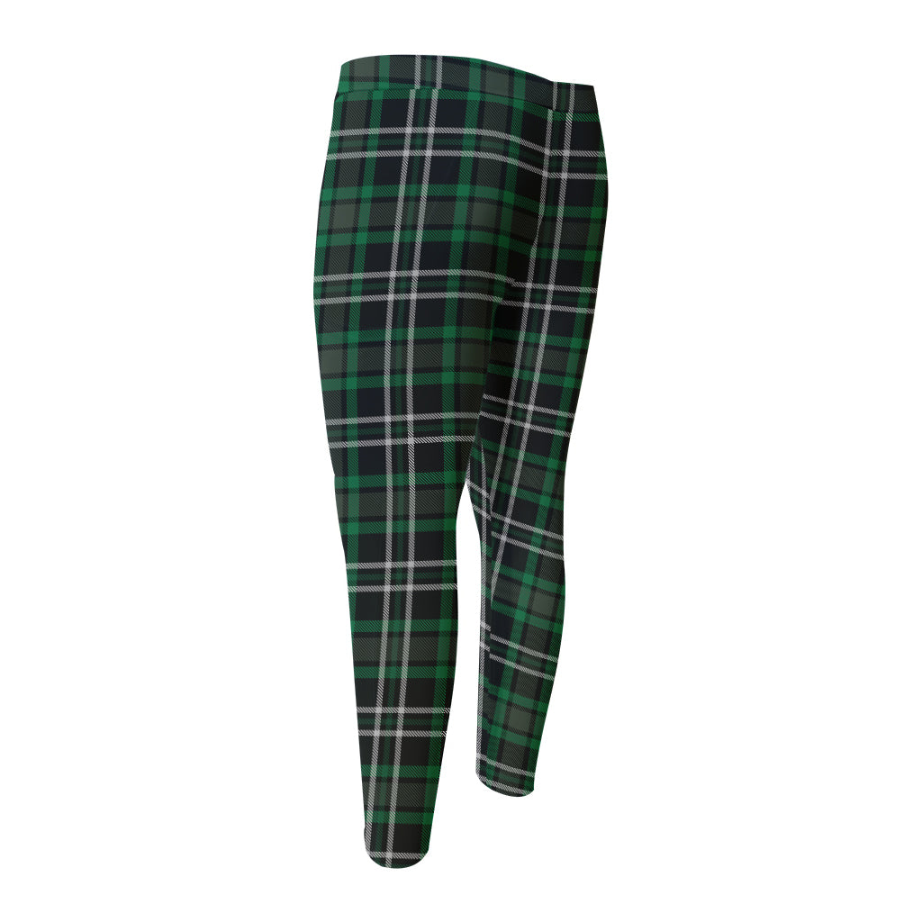Green Black And White Tartan Print Men's Compression Pants