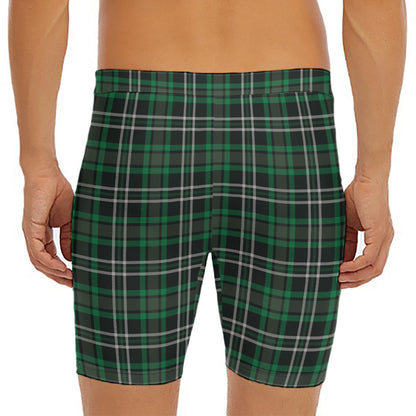 Green Black And White Tartan Print Men's Long Boxer Briefs