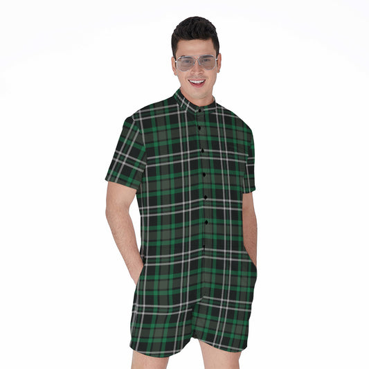 Green Black And White Tartan Print Men's Rompers