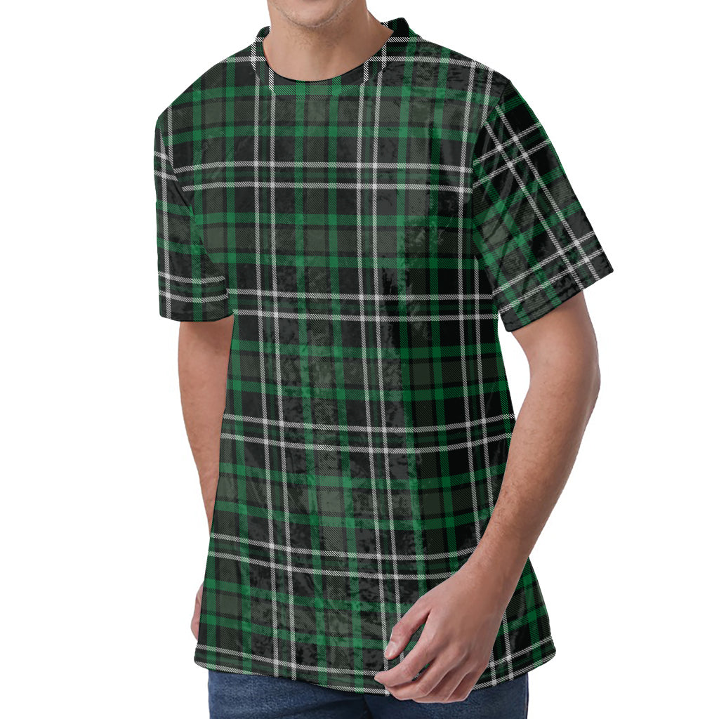 Green Black And White Tartan Print Men's Velvet T-Shirt