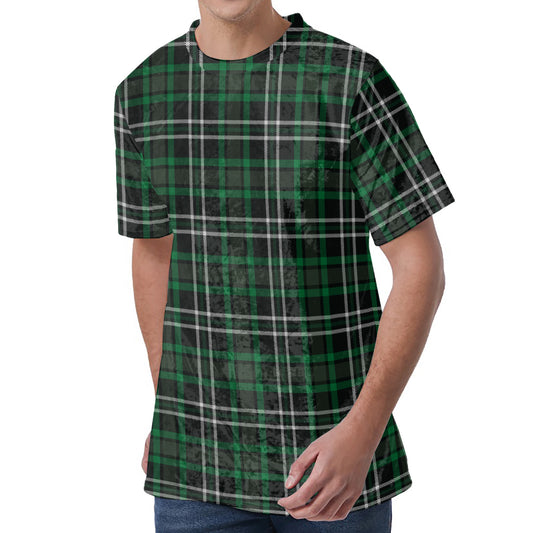 Green Black And White Tartan Print Men's Velvet T-Shirt