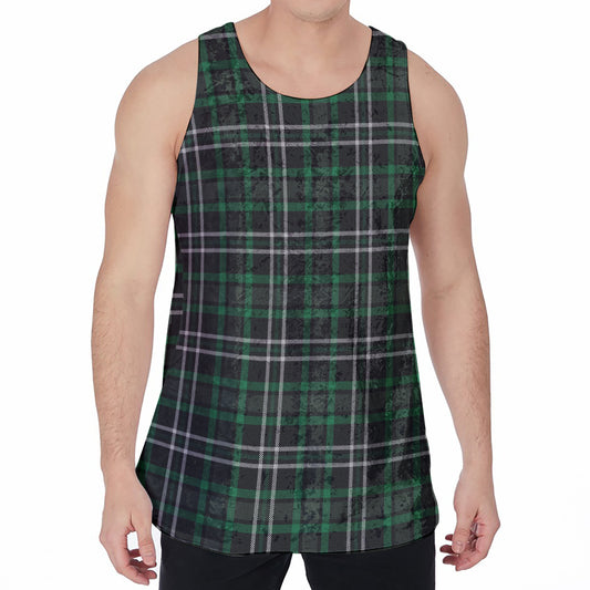 Green Black And White Tartan Print Men's Velvet Tank Top