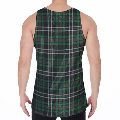 Green Black And White Tartan Print Men's Velvet Tank Top