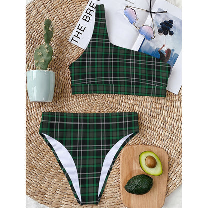 Green Black And White Tartan Print One Shoulder Bikini Top