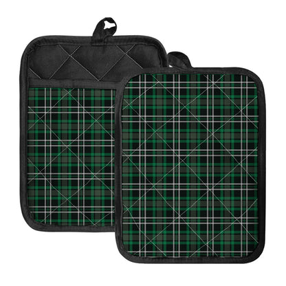Green Black And White Tartan Print Pot Holders With Pocket