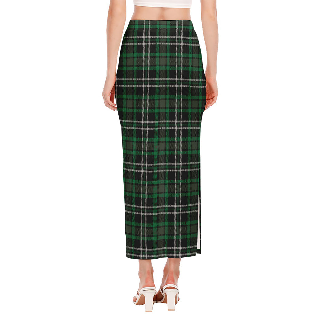 Green Black And White Tartan Print Side Slit Maxi Skirt