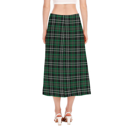 Green Black And White Tartan Print Side Slit Midi Skirt