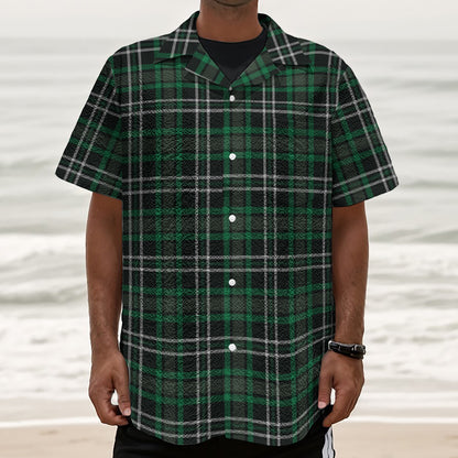 Green Black And White Tartan Print Textured Short Sleeve Shirt