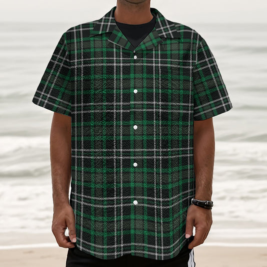 Green Black And White Tartan Print Textured Short Sleeve Shirt