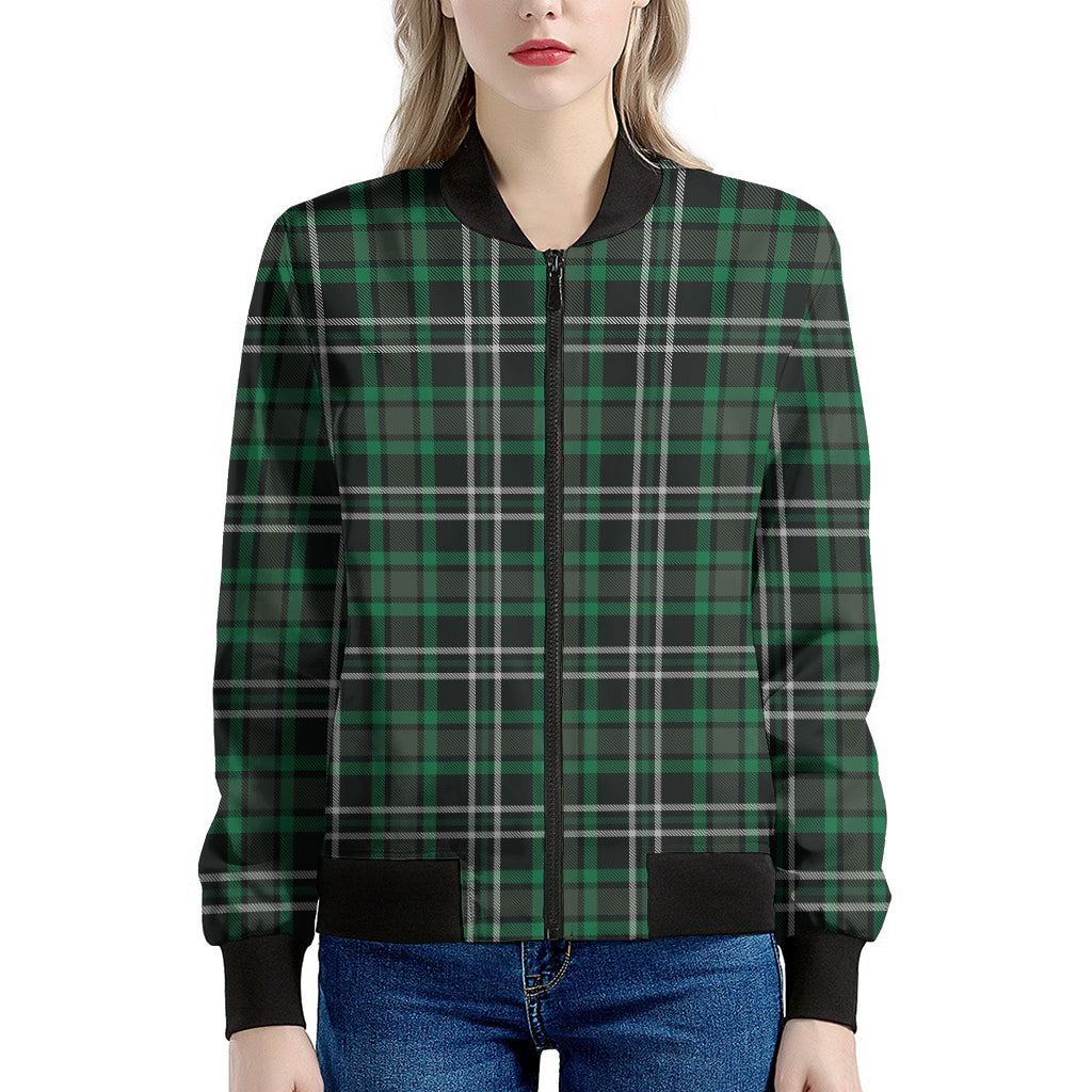 Green Black And White Tartan Print Women's Bomber Jacket