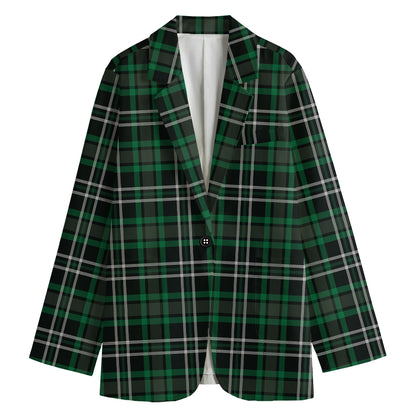 Green Black And White Tartan Print Women's Cotton Blazer