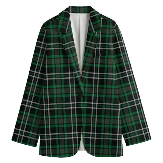 Green Black And White Tartan Print Women's Cotton Blazer