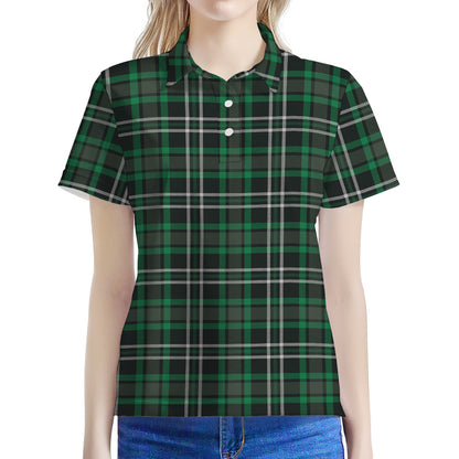 Green Black And White Tartan Print Women's Polo Shirt