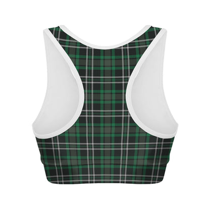Green Black And White Tartan Print Women's Sports Bra