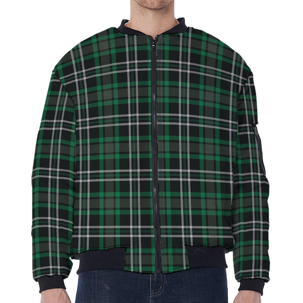 Green Black And White Tartan Print Zip Sleeve Bomber Jacket