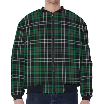 Green Black And White Tartan Print Zip Sleeve Bomber Jacket