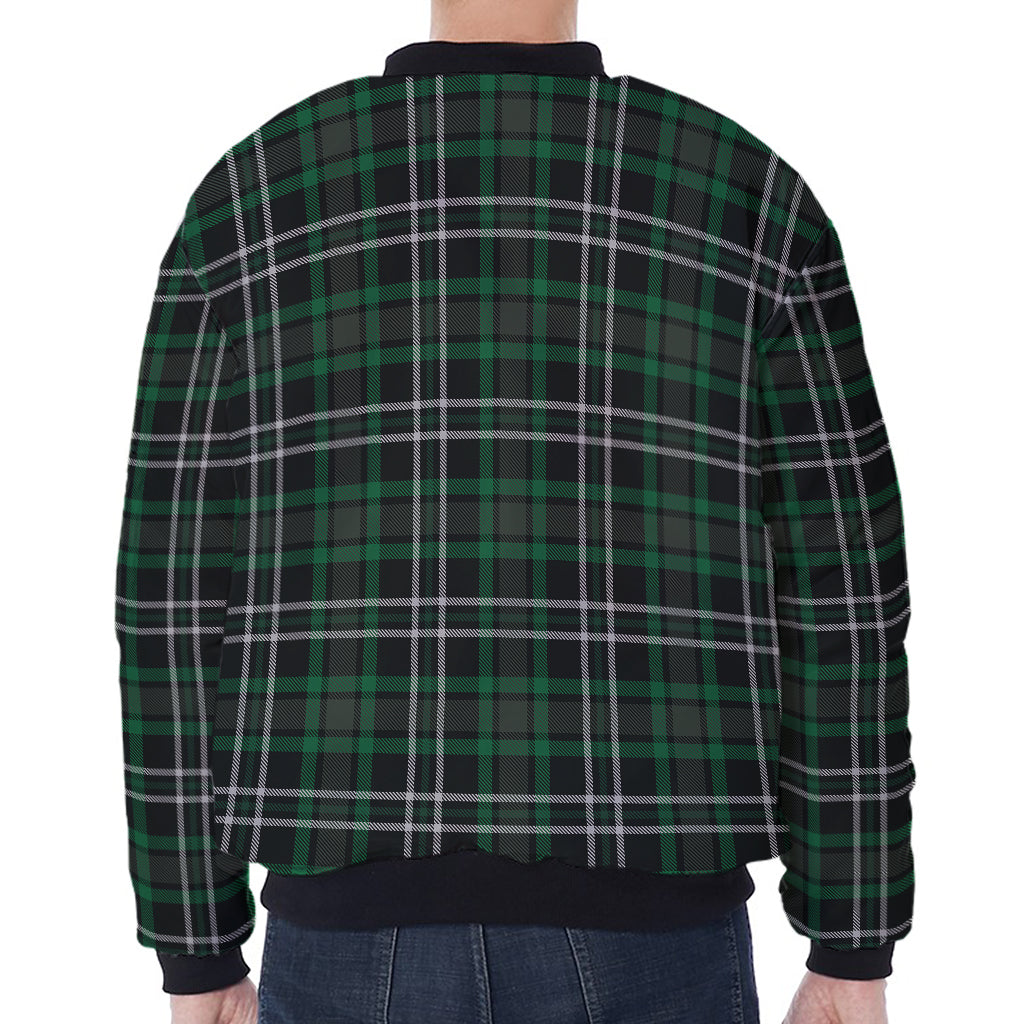 Green Black And White Tartan Print Zip Sleeve Bomber Jacket