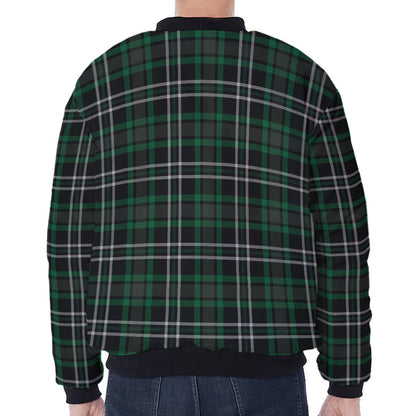 Green Black And White Tartan Print Zip Sleeve Bomber Jacket