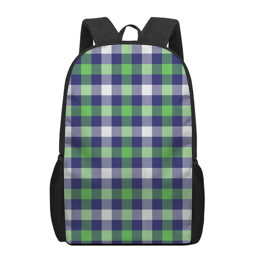 Green Blue And White Buffalo Plaid Print 17 Inch Backpack