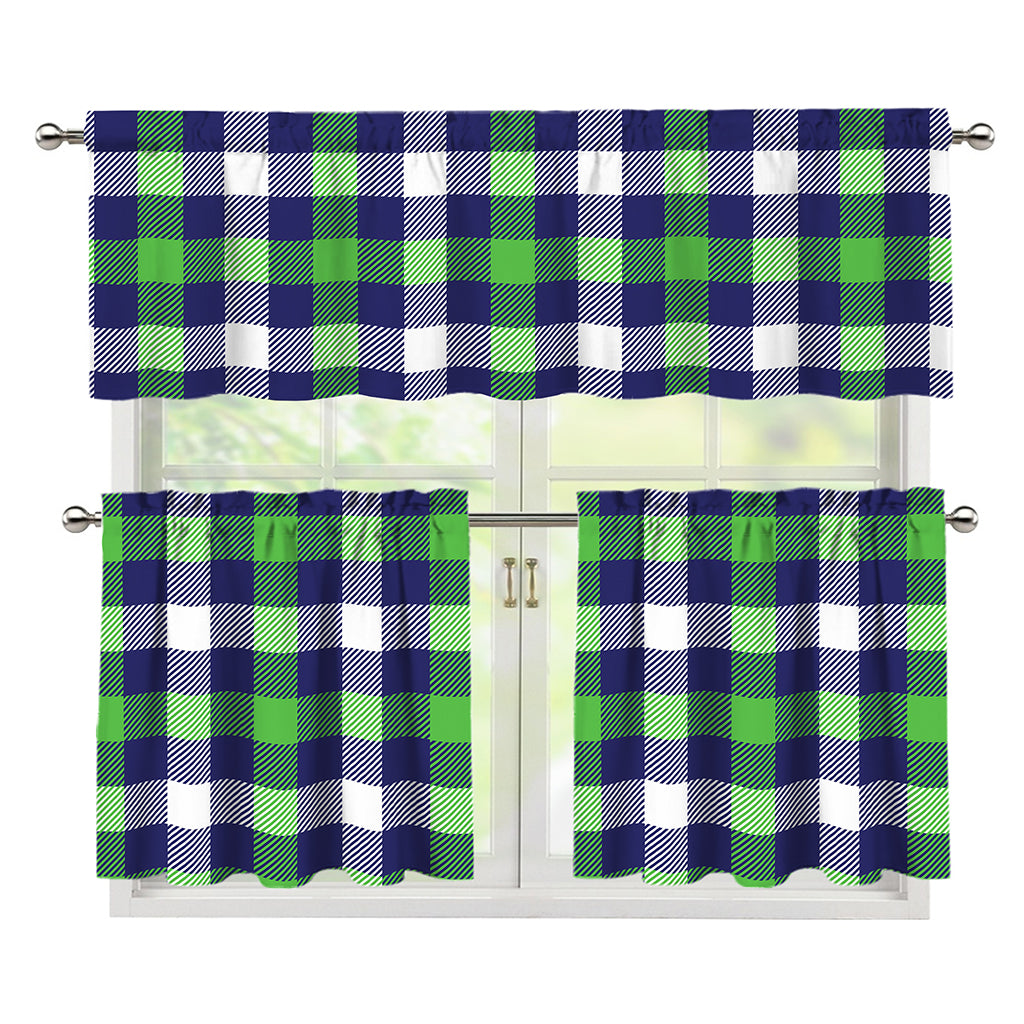 Green Blue And White Buffalo Plaid Print 3 Piece Kitchen Curtains