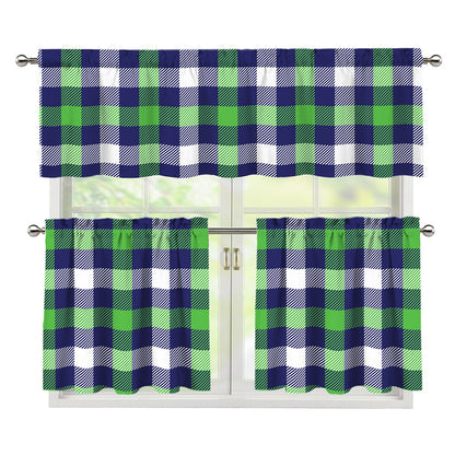 Green Blue And White Buffalo Plaid Print 3 Piece Kitchen Curtains