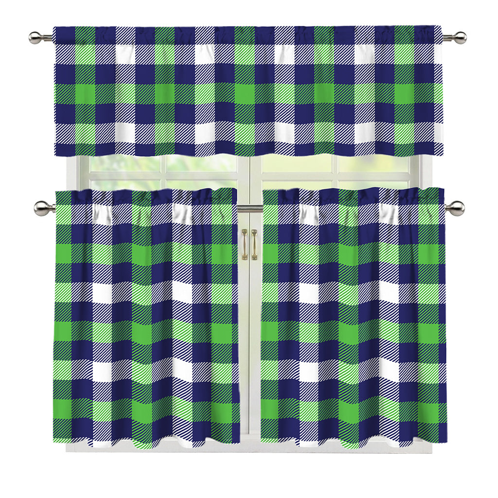 Green Blue And White Buffalo Plaid Print 3 Piece Kitchen Curtains
