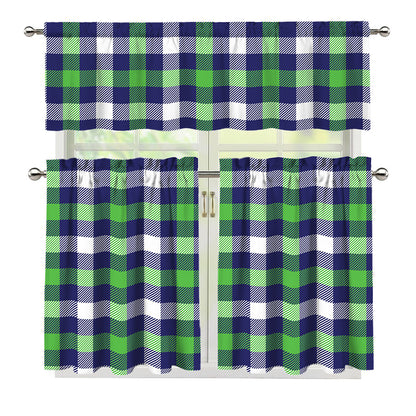 Green Blue And White Buffalo Plaid Print 3 Piece Kitchen Curtains