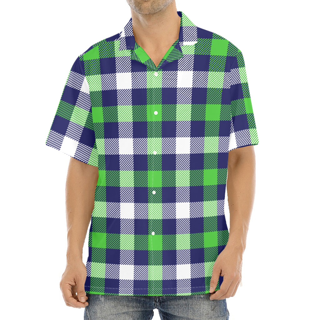 Green Blue And White Buffalo Plaid Print Aloha Shirt