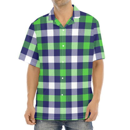 Green Blue And White Buffalo Plaid Print Aloha Shirt